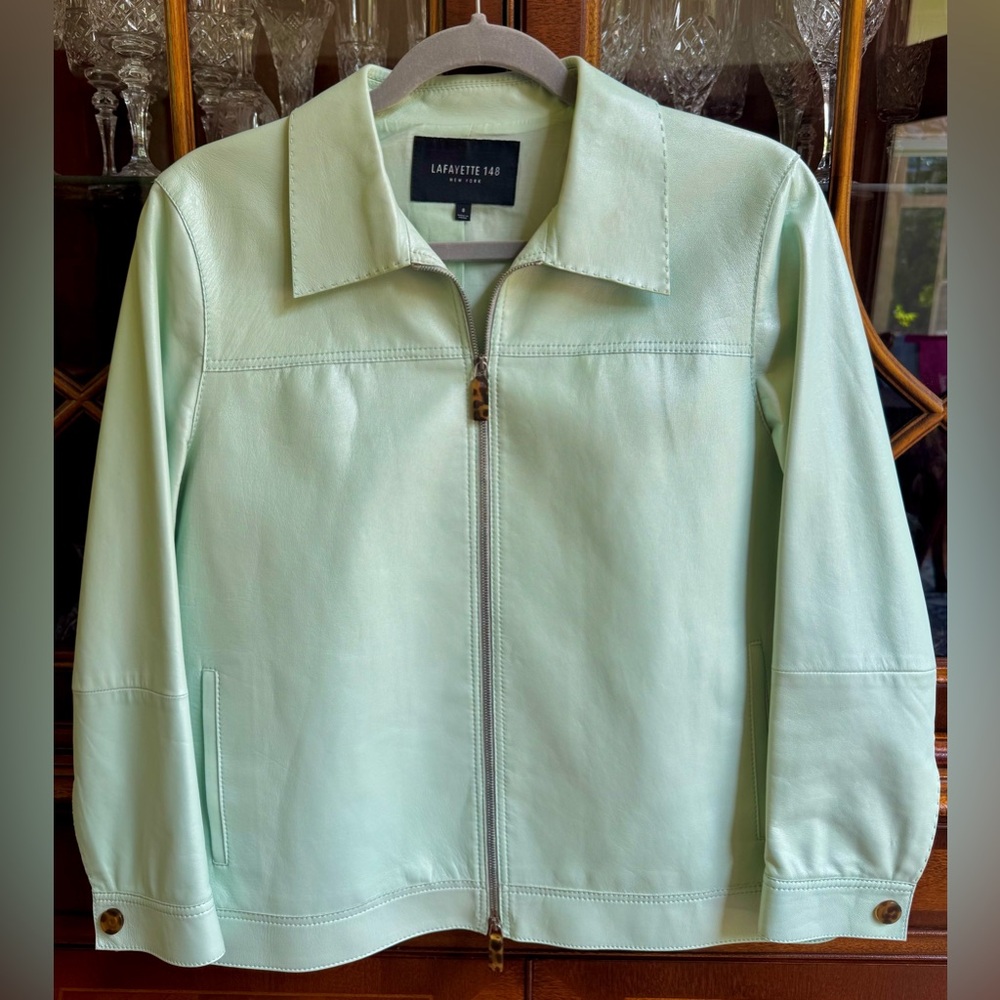 Lafayette 148 Mint Green Lambskin Leather Zip Jacket